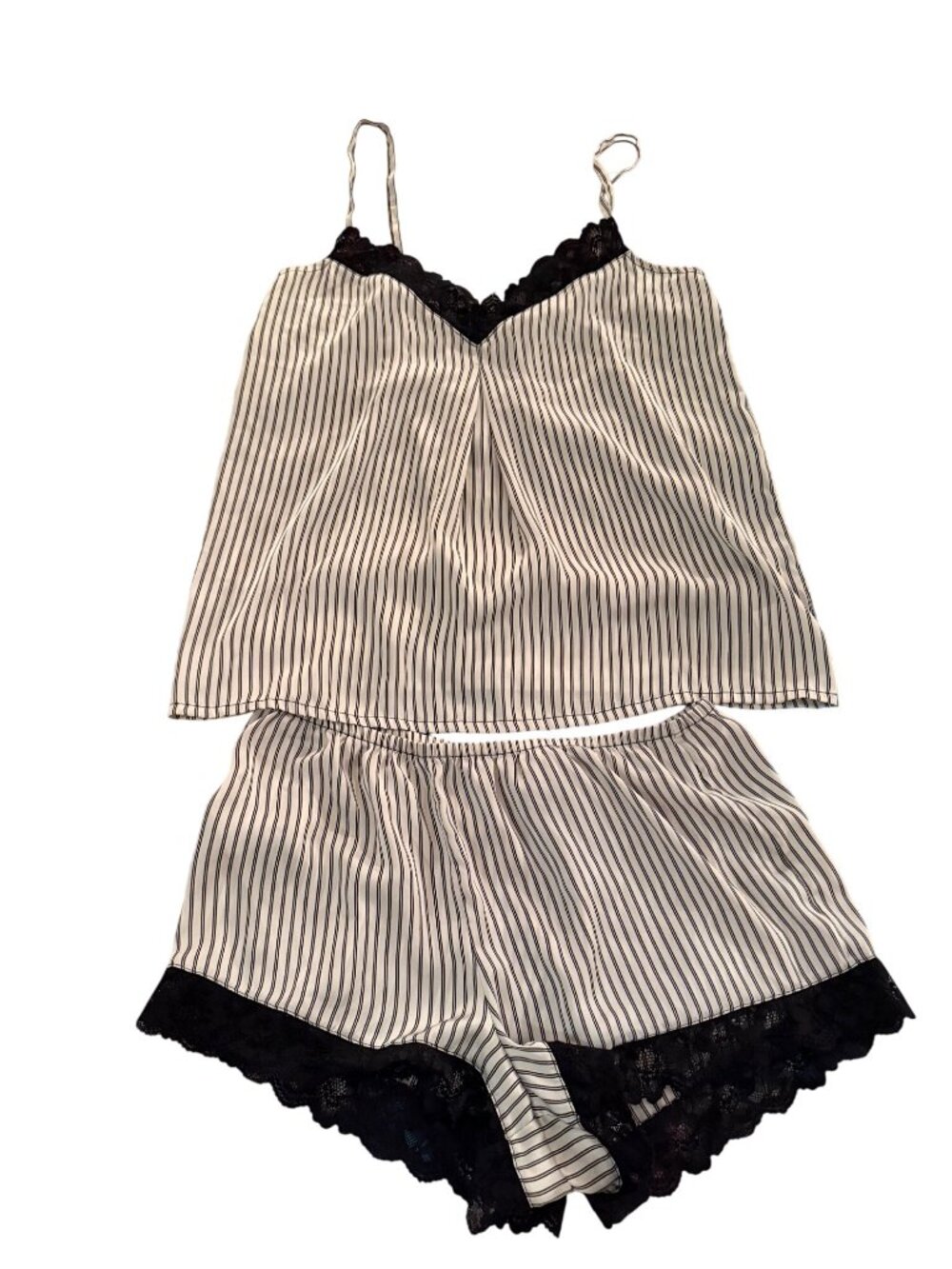 H Halston Womens Camisole Pajama Set Size M White Black Stripe Satin Lounge - Picture 8 of 9